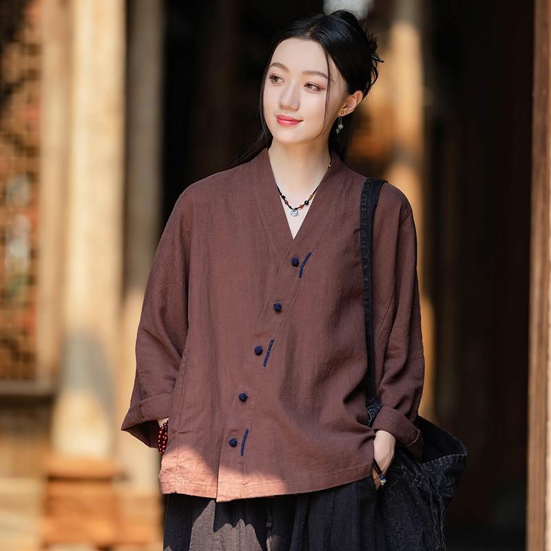 Johnature Women Chinese Style V-Neck Shirts Solid Color Long Sleeve Tops Vintage Blouses Autumn Shirts