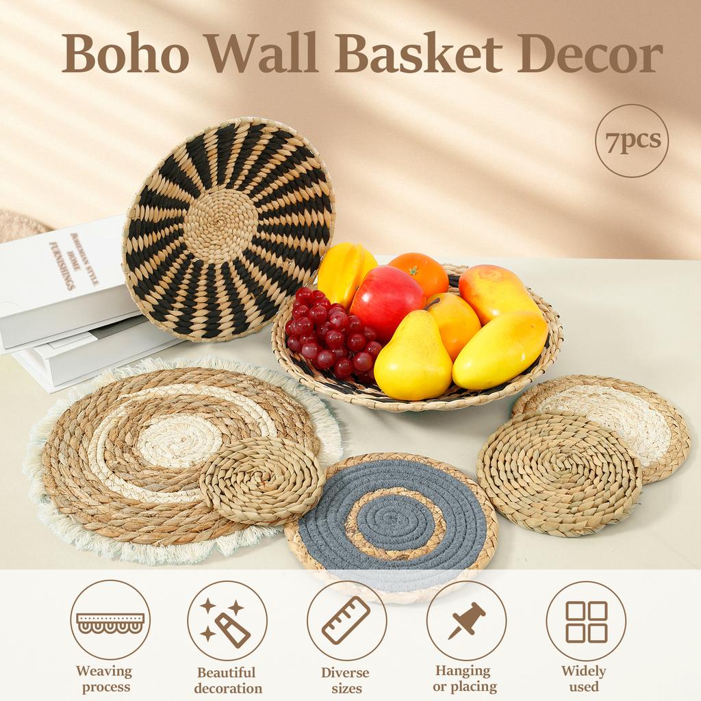 7 pcs circular Bohemian woven wall basket decoration handmade woven wall decoration home hanging Bohemian wall decoration party
