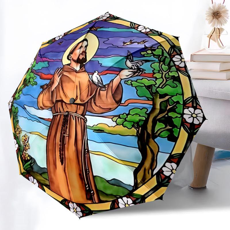 1PC Saint Francis of Assisi Automatic Open/close Umbrella with 8-Rib Structure for Women/Men, All-Season Use - Travel Essential, Stylish Accessory, Hi