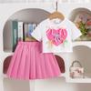 Костюмы для девочек, летние, для девочек, с круглым вырезом, бантом, узором «любовь», однотонная блузка, плиссированная юбка, костюм