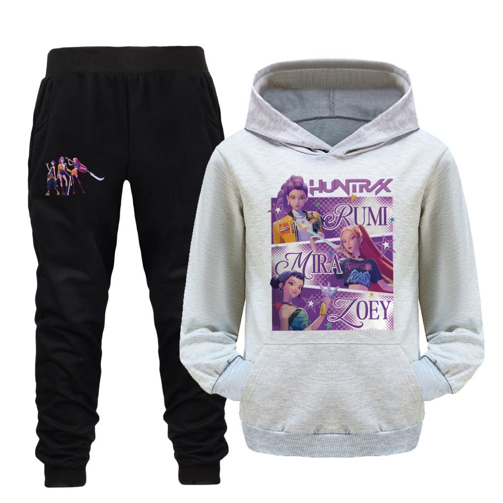 Kpop Охотники на демонов Детский спортивный костюм Мультяшный Осенняя мода Худи для мальчиков с карманом + Комплект брюк Спортивный костюм для девочек Детский