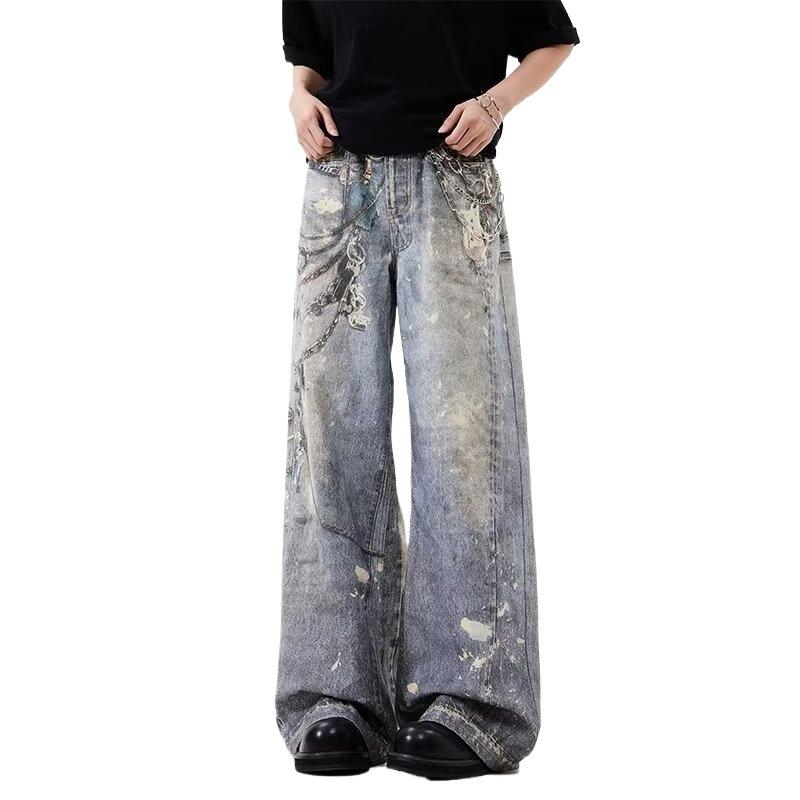 Printed Baggy Jeans Men Women Casual Baggy Straight Denim Pants High Street Wide Leg Y2K Blue Jean