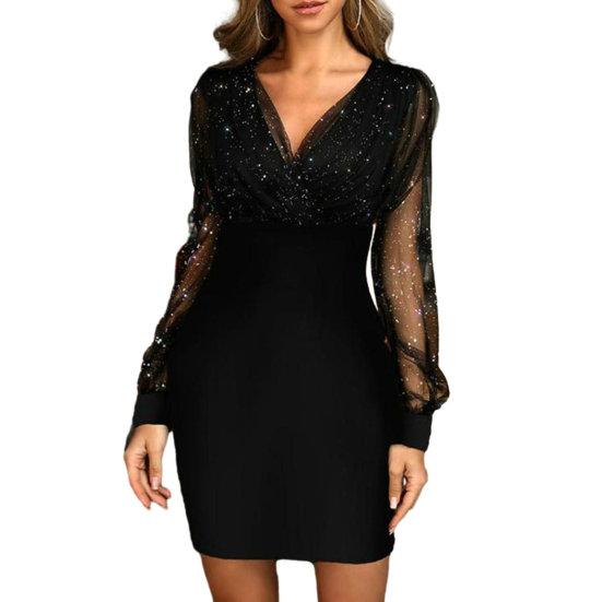 Women Evening Dress V Neck See-through Mesh Patchwork Long Sleeve Shiny Slim Fit Tight Waist Sheath Solid Color Party Prom Mini Dress