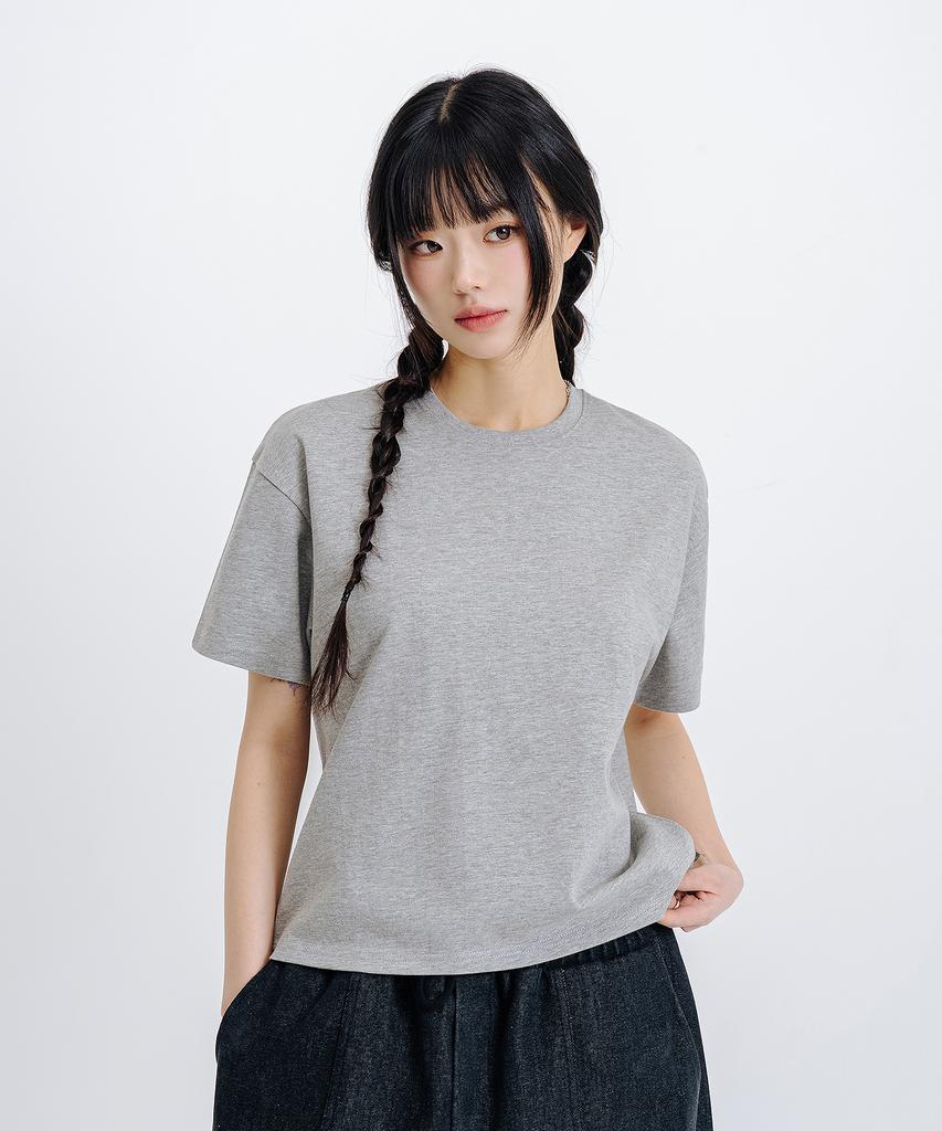 LEMAIN SECOND Crop Plain Oversized Short Sleeve T-Shirt [Melange Gray]