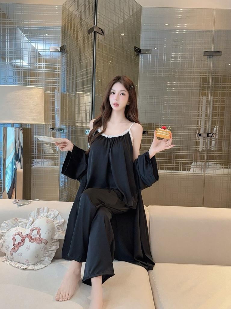 Sexy beautiful back pajamas women's summer Ice Ribbon chest pad cool feeling pure desire suspender trousers nightgown loungewear three-piece set