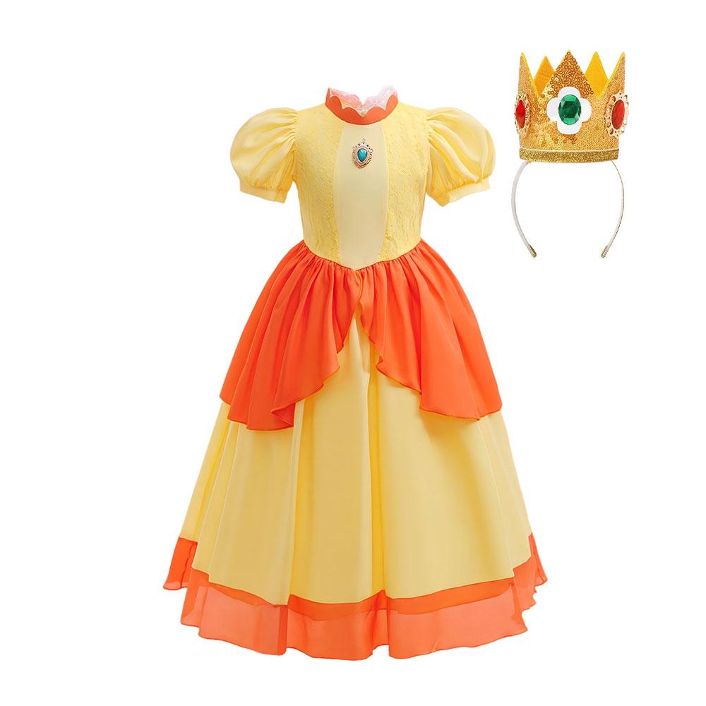 Girl Yellow Lace Princess Dress Daisy Role Play Peach Costume Plumber Partner Adventure Galaxy Movie Cosplay Apparel Ball Gown