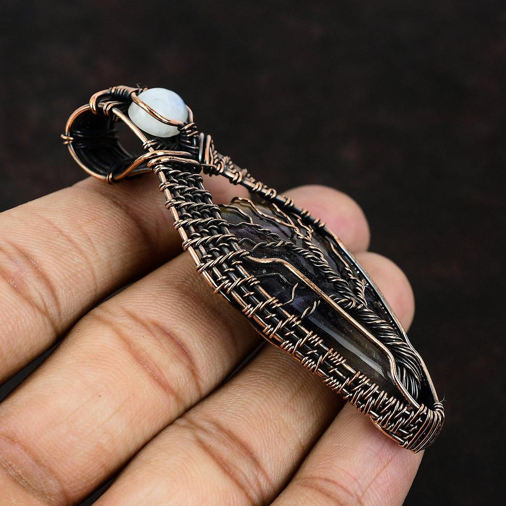 Подвеска из разноцветного флюорита с драгоценными камнями Tree Of Life, подвеска из медной проволоки, подарок для нее, украшения из радужного лунного камня Tree Of Life, ювелирные изделия ручной работы