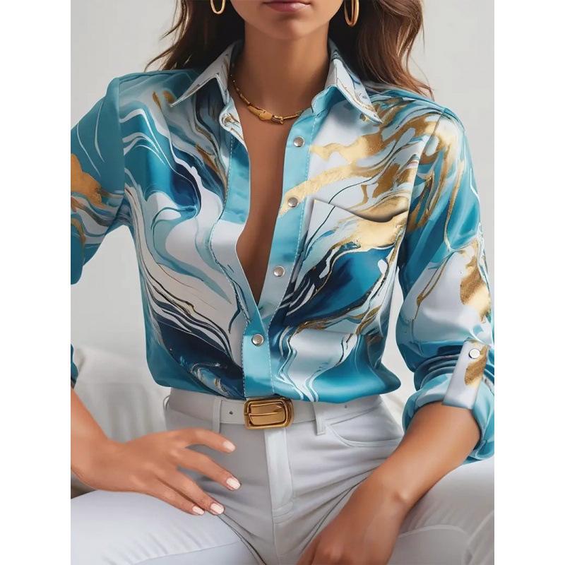Женская повседневная свободная рубашка с длинным рукавом и принтом, осень 2025