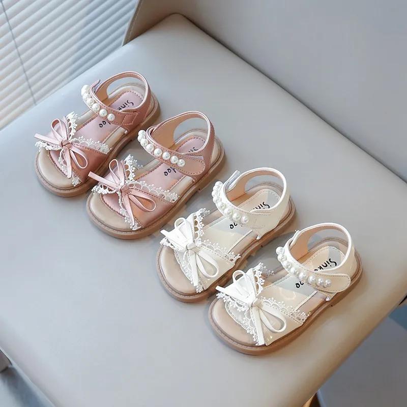 Малыши Дети Пляжная обувь для девочек Принцесса Бант с кружевом Детские Жемчужная отделка Лето 2025 Новые Сандалии Элегантные Милые Горячие