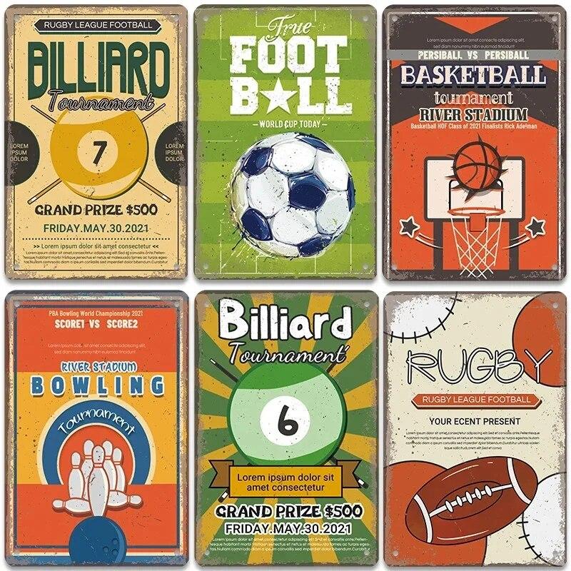 Sports Ball Game Posters Vintage Metal Tin Signs Decor Plaque Billard Bowling Rugby Football Home Wall Decor Room Decoration