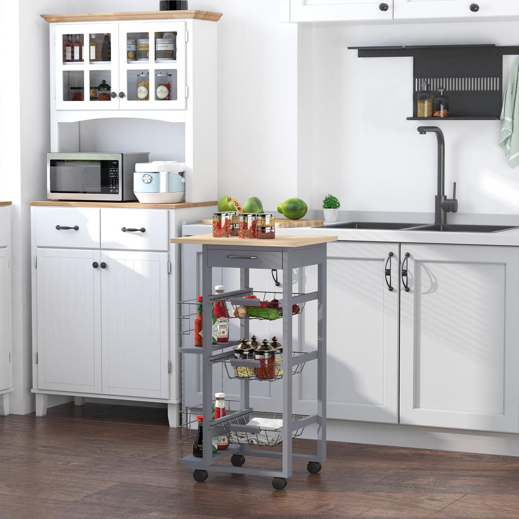Kitchen Service Cart With Wheels Multi Storage 3 Metal Baskets Drawer + 2 Wood Pine Gray Wine Bottle Holders