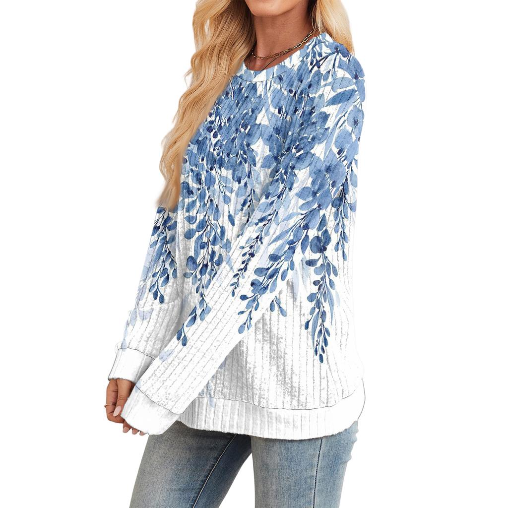 Fashionable Women's Long Sleeved Floral Printed Lightweight Sweater With Loose Round Neck Top