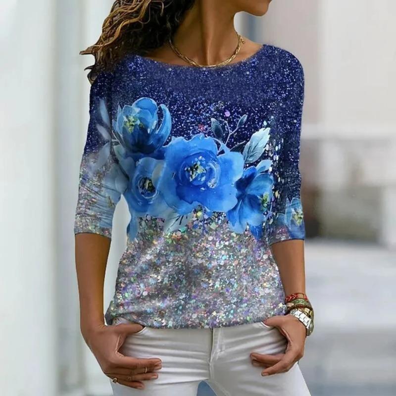 Осенняя универсальная женская футболка с длинными рукавами и цветочным принтом, обычный повседневный топ в стиле ретро с круглым вырезом и разноцветным принтом в стиле бохо
