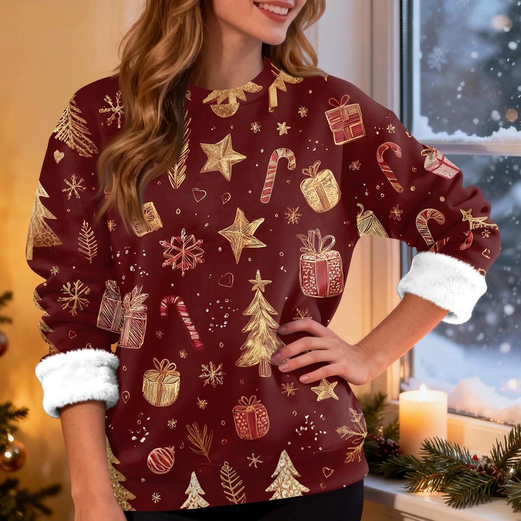 Women's Fashion Casual Long Sleeve Christmas Printed Round Neck Top Sweatshirt
