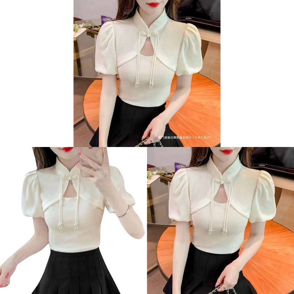Tshirt Women Summer Bubble Sleeve Hollow Out With Embroidery For Casual Wear