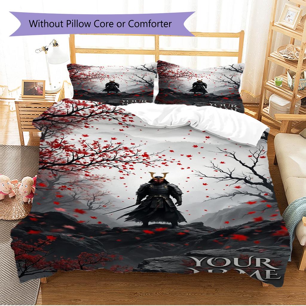 Name Custom Japanese Samurai Pattern Bedding Set Quilt Cover Pillowcase Home Decor Gift (1 * duvet cover + 2 * pillowcase, without core)