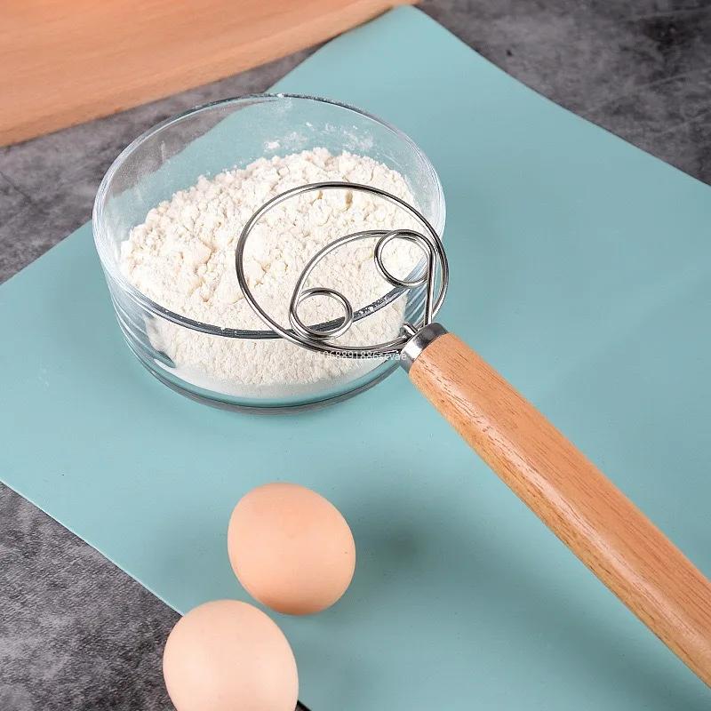 1Pcs Danish Dough Whisk with Wood Handle, Dutch Style Bread Whisk for Dough Cooking Kitchen with Stainless Steel Danish Whisk