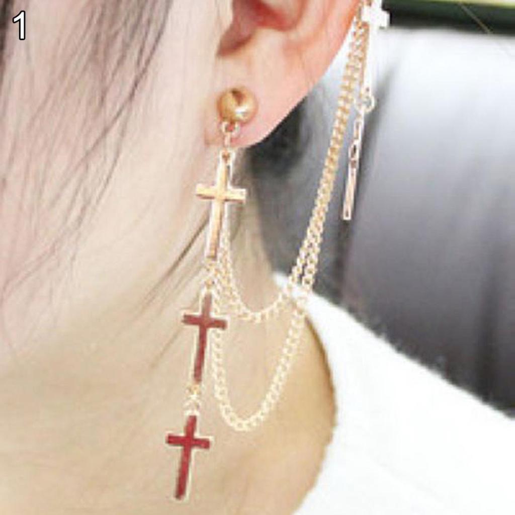 Gothic Punk Cross Long Tassel Chain Ear Cuff Stud Clip Earrings Fashion Jewelry ARI