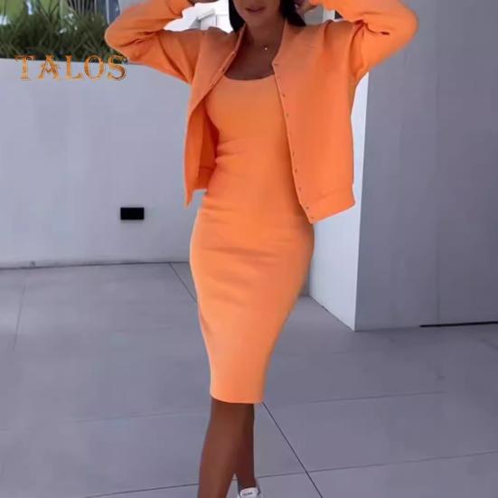 2 шт./комплект женский пальто платье комплект однобортный круглый вырез длинный рукав жакет облегающее платье-комбинация осеннее платье миди жакет комплект OL коммутационный офис