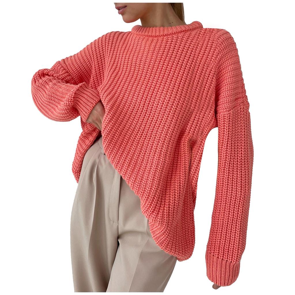 Fashion Women's Solid Color Long Sleeve Loose Round Neck Knitted Sweater Top