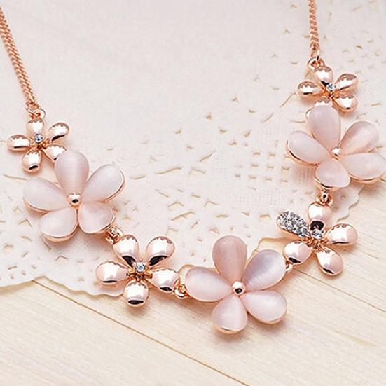 Women Chain Flower Opal Rhinestone Charm Pendant Necklace