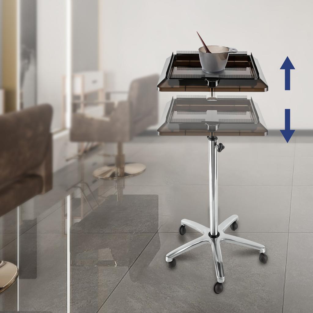 Removable Hair Extension Tool Tray Cart, 5-Wheel Adjustable 70-110cm Height Wig Holder Stand, Silver & Black Styling Station