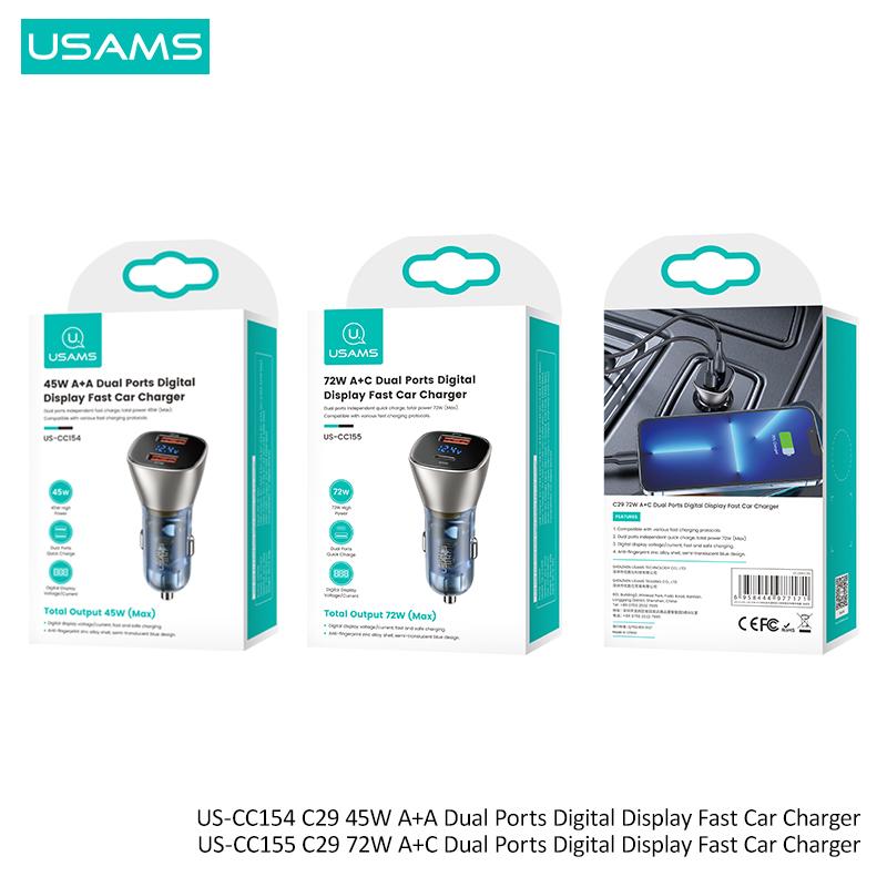 USAMS Быстрое автомобильное зарядное устройство 72 Вт, двухпортовый USB Type C, быстрое зарядное устройство, цифровое зарядное устройство QC PD для ноутбука, телефона для iPhone 13 Pro Max 12 Huawei