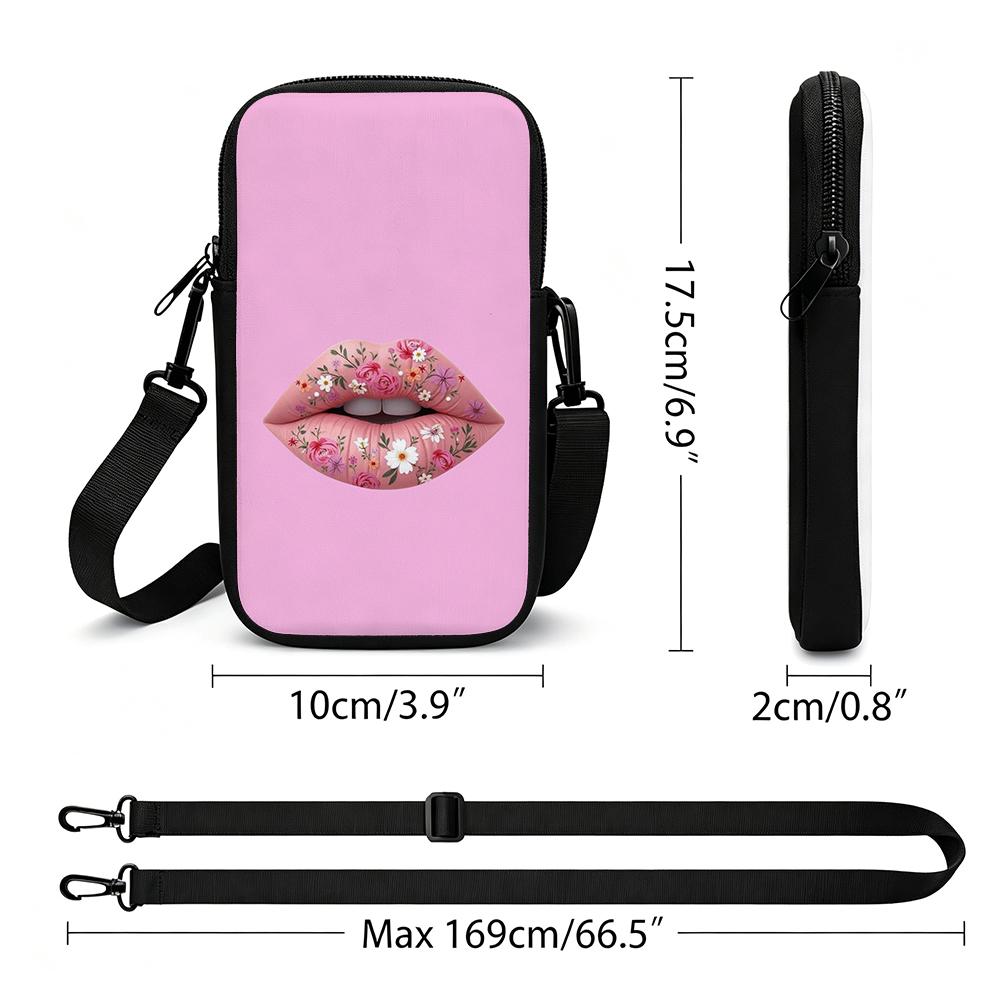 2D-Whimsical Soft Pink Rose Daisy Purple Blossom Lips Illustration Beauty Fashion Fashion Adjustable Removable Strap Crossbody Phone Bag