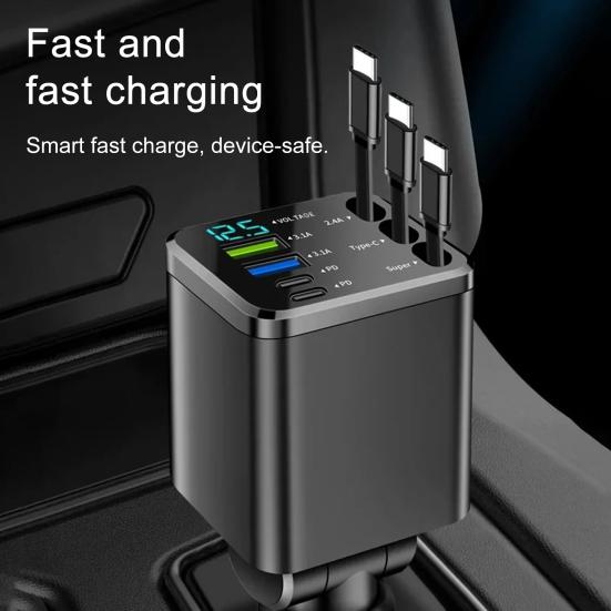 7-in-1 Retractable Car Charger Fast Charging Car Adapter with Digital Display 2 USB Ports 2 Type-C Ports 3 Cables Power Supply for Multiple Devices
