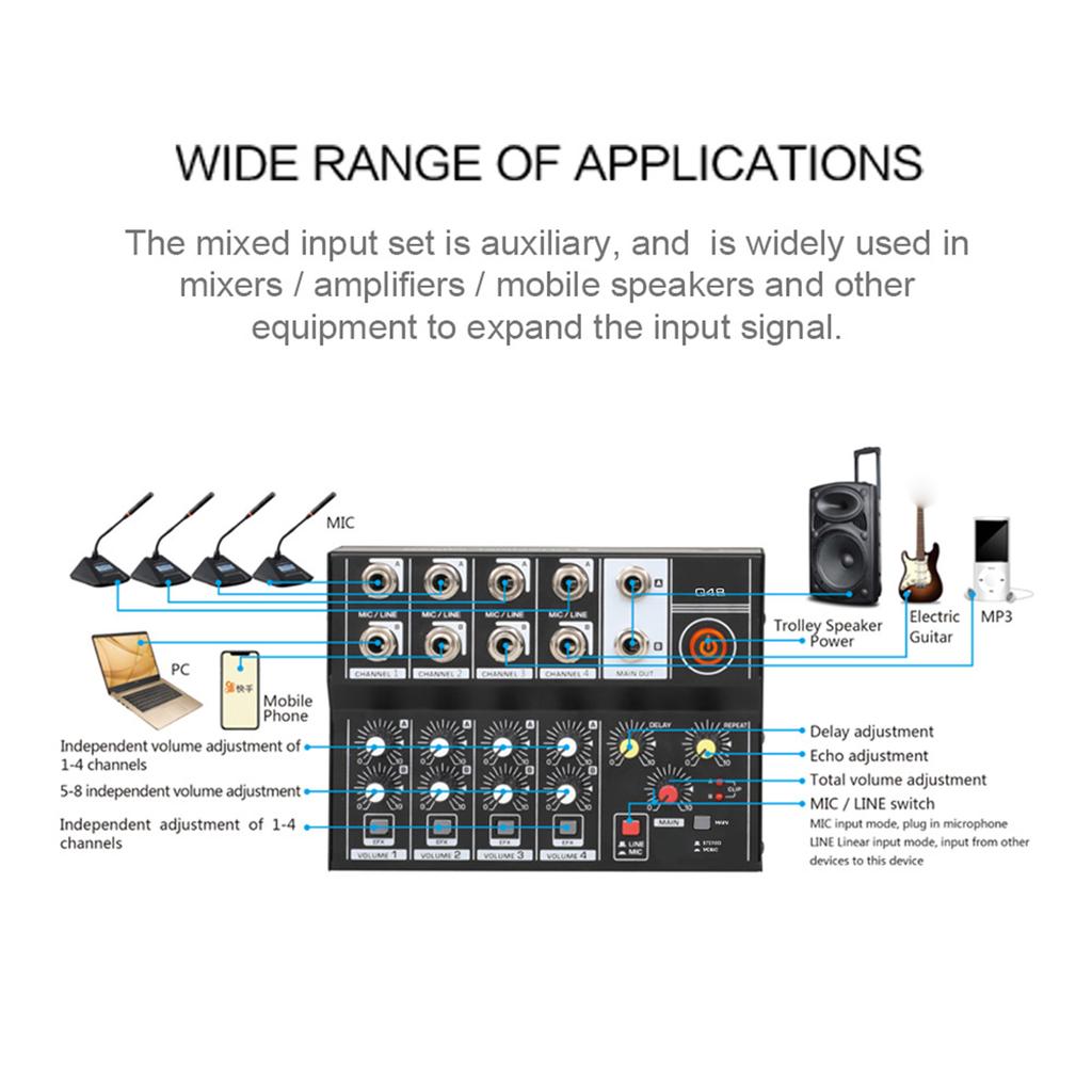 8-канальный многофункциональный USB аудиомикшер Портативный звуковой микшер Профессиональный для домашнего использования Двойные микрофонные входы Звуковой микшер