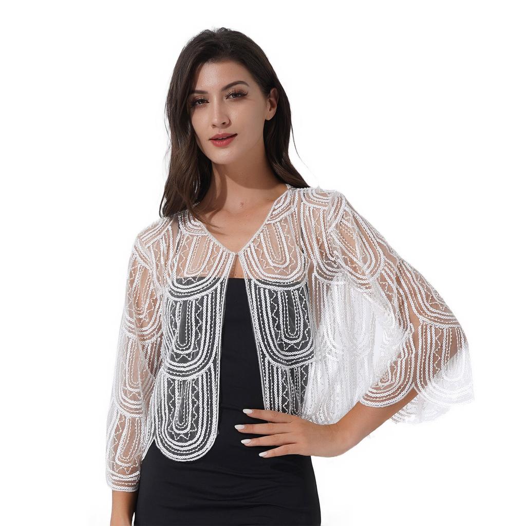 Womens Hollow Lace Cardigan Lightweight Long Sleeve Sequin Bolero Shrug Loose Casual Shawl Tops