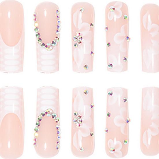 24 шт., кусочки дизайна ногтей, хрустальные цветы, удлиненные, с полным покрытием, простое управление, быстрый маникюр, французский квадратный накладные ногти