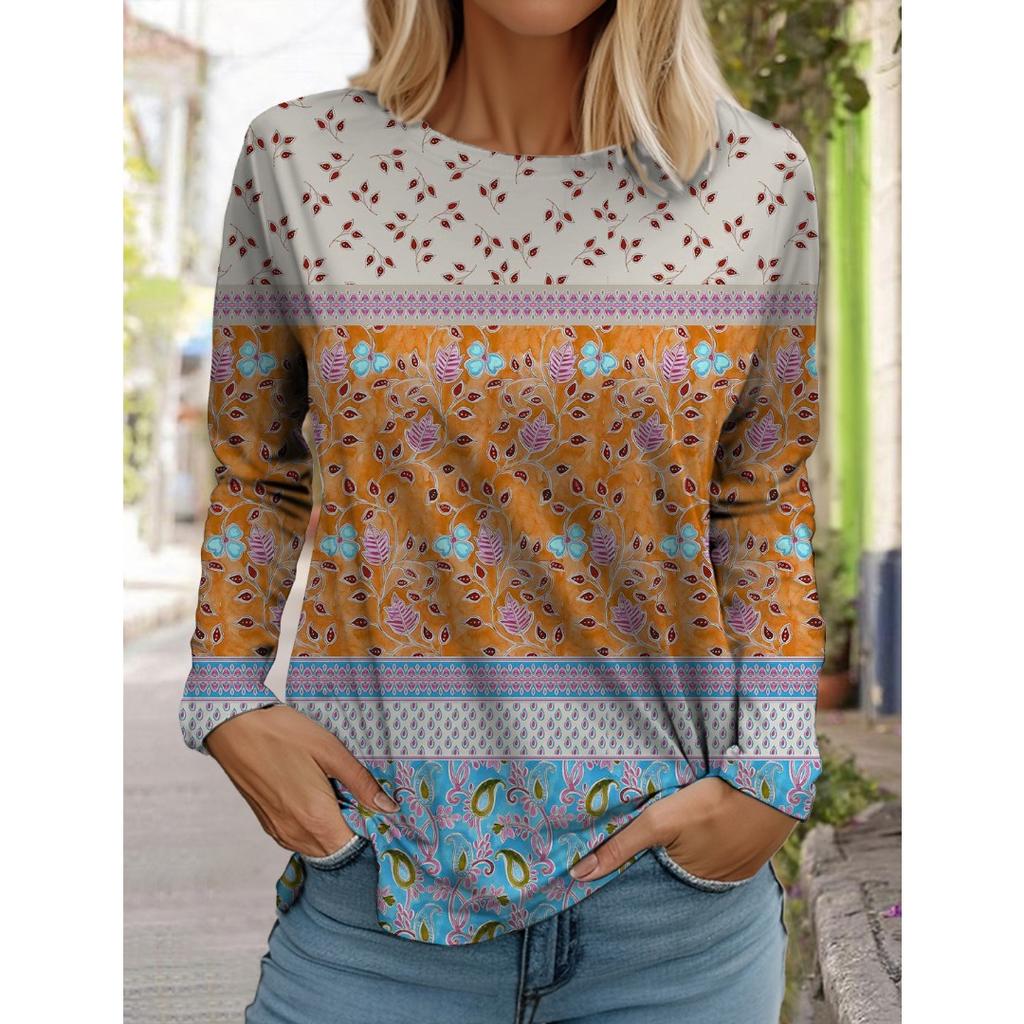 Women's White Long-sleeved Tops Round Neck Casual Tops 3d Printed Flowers Fashion Stickers Printed Women's Long-sleeved T-shirt