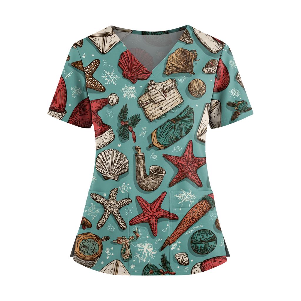 Women's Christmas Print V-Neck Double Pocket Short Sleeves Hem Slit Uniform And Caregiver Top