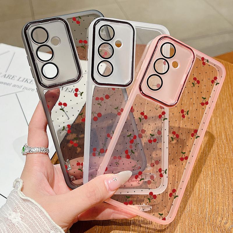 Мягкий силиконовый прозрачный чехол с принтом вишни для Samsung S25 Ultra S24 FE S23 Plus A36 A56 A16 A55 A15 A26, защитная пленка для объектива, противоударный тонкий чехол для телефона