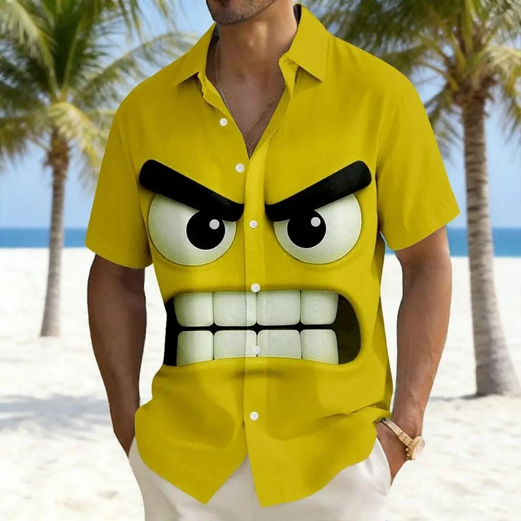 Cartoon Angry Expression Print Short Sleeve Shirt, Loose Comfortable Breathable Lapel Cardigan, Trendy Top for Vacation and Casual Wear