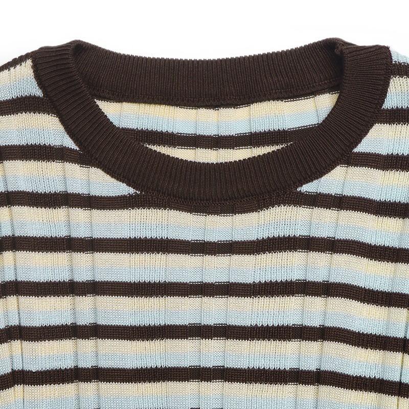 Womens Slim Fit Crew Neck Striped Contrast Color Knit Sweater Winter 2026 Korean Style Casual Base Layer