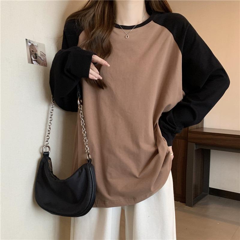 Contrast Color Splicing Shoulder Sleeves Bottoming Shirt Women's Inner Cover Winter Loose Velvet Real Shot Long Sleeves