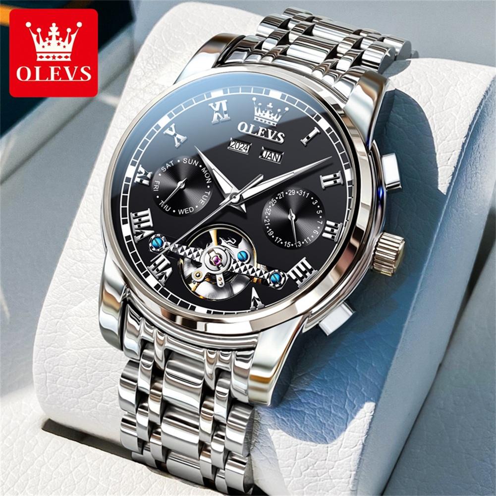 OLEVS 6607 Automatic Men's Watches Top Original Mechanical Watch for Men Luxury Skeleton Flywheel Waterproof Calendar Wristwatch