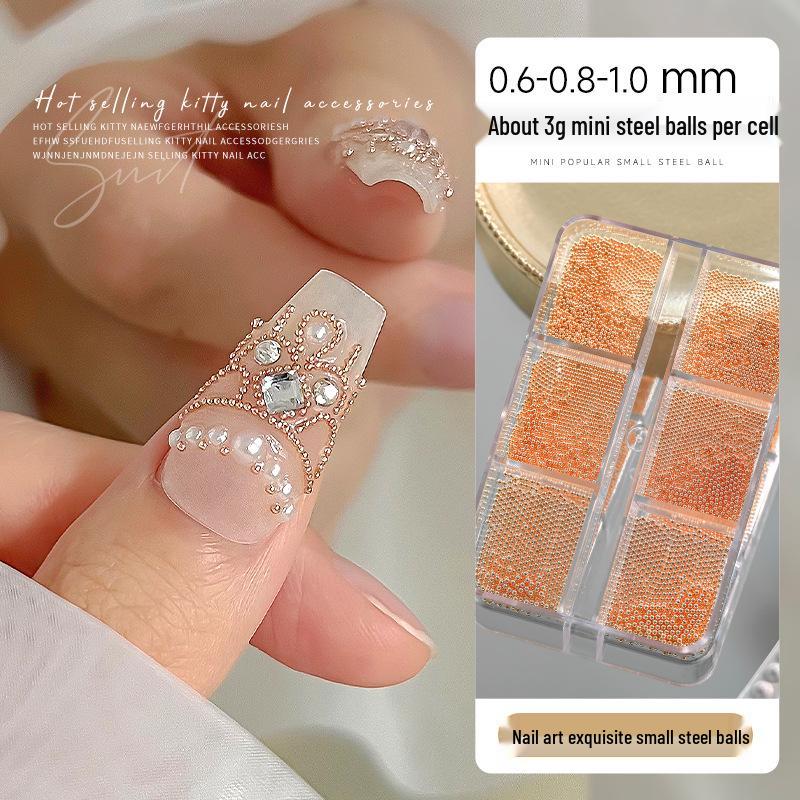 6-Compartment Mini Nail Art Gold & Silver Steel Bead Decor Set