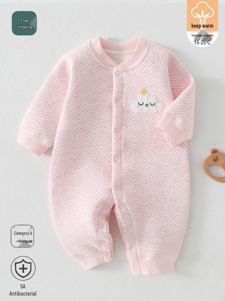 Three-Layer Quilted Baby Romper: Thickened Autumn/Winter Crawling Suit for Newborns, Boys, and Girls.