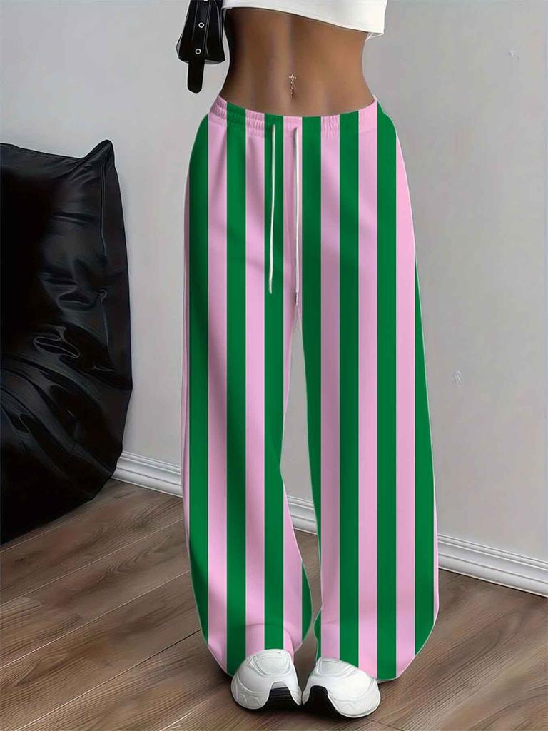 Plus size women's wide-leg pants pink and green vertical stripes printed straight pants casual full print