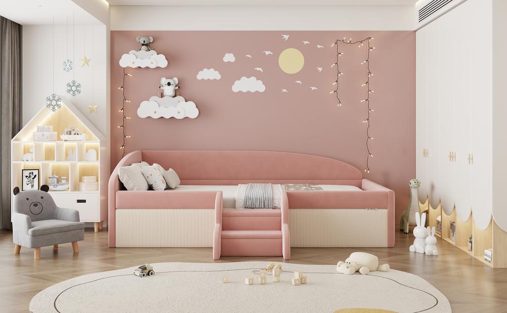 Upholstered Bed Sofa Bed, 90*190cm, Multifunctional Bed, with Steps and Guardrails, Skin-Friendly Velvet Fabric, without Mattress, Pink+Cream White