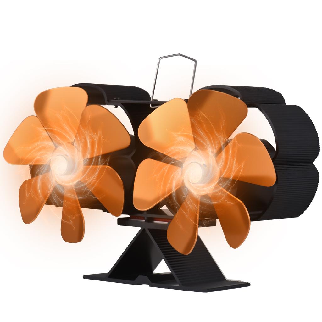 Dual Head 6 Blade Heat Powered Stove Fan with Carrying Handle and Overheating Protection Portable