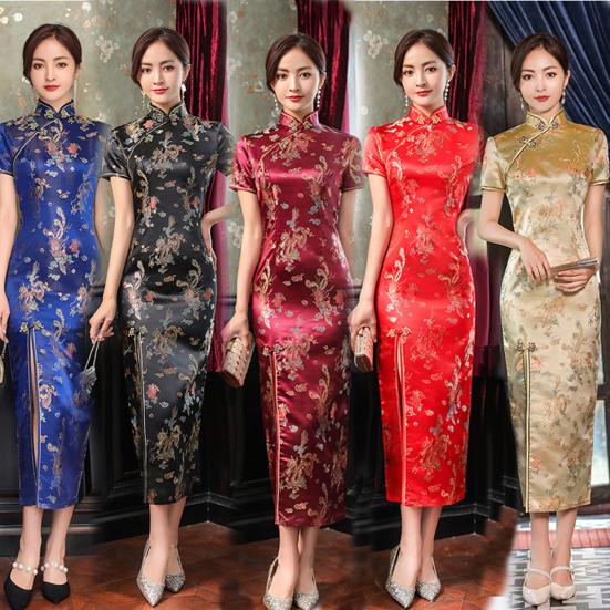 Cheongsam с принтом, длиной до середины икры, облегающее женское платье с узором Дракона и Феникса, элегантное платье с разрезом