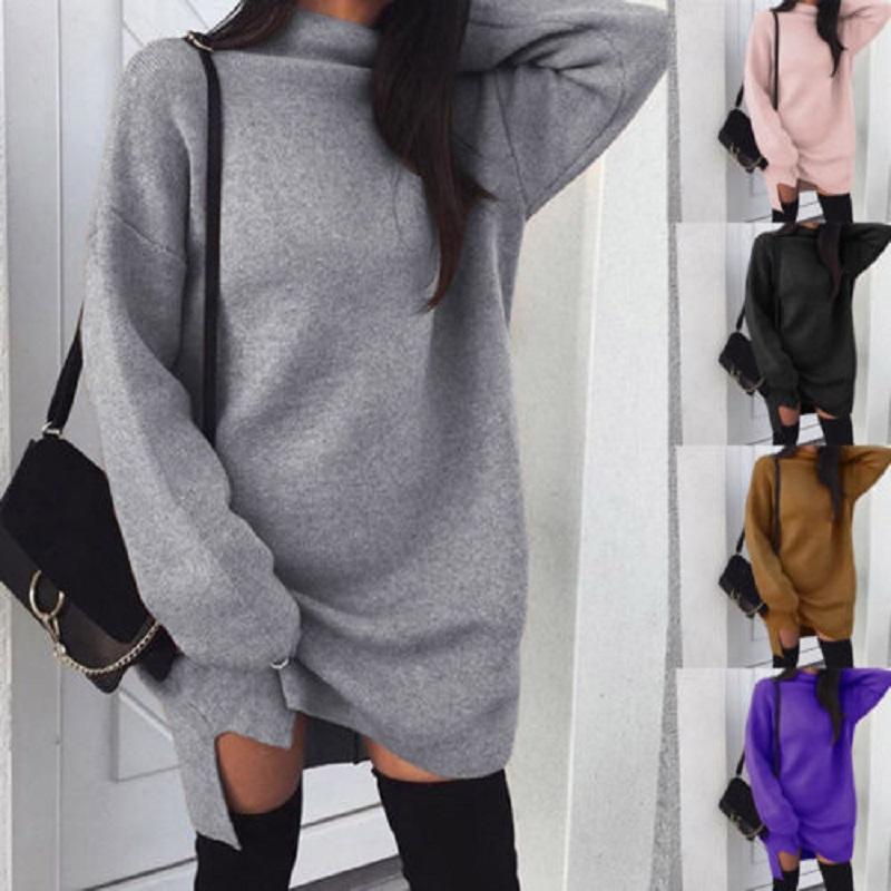 Winter Warm Long Sleeve Women Knitted Slit Sweater Dress  Turtleneck Sweaters  Female Clothes
