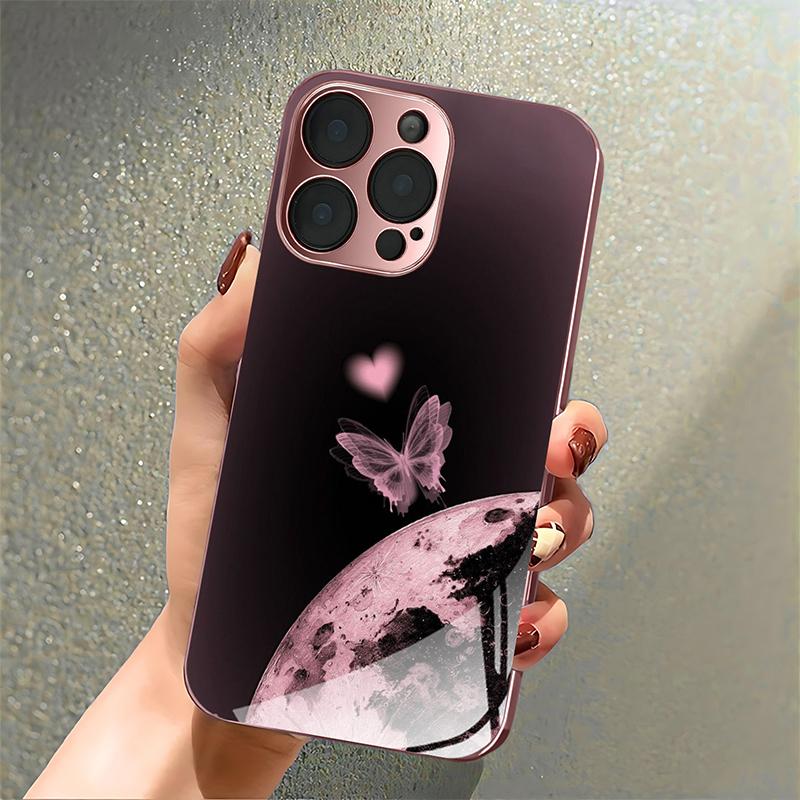 Металлическая закаленная стеклянная чехол-бампер для iPhone 17 16 15 14 13 12 11 Pro Max 15 Plus 17 Air 17E с рисунком Лунной бабочки