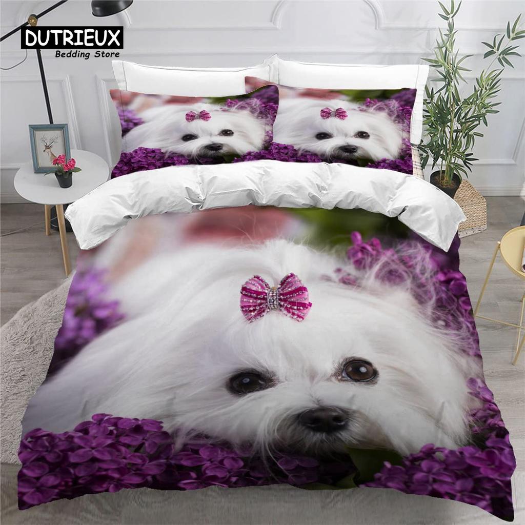 Cute Maltese Dog Duvet Cover Set Pet Dogs Theme Bedding Set Microfiber Kawaii Animal Comforter Cover Twin King For Kids Teens