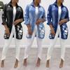 Women Casual Fashion Denim Jacket Long Jean Denim Jacket with Holes Showing Thin