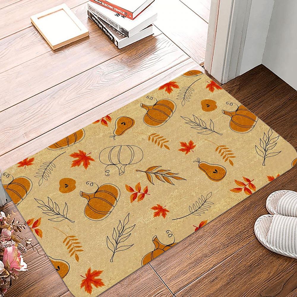 Festive Fall Farmhouse Carpet Pumpkin Harvest Door Mat 100% Polyester Maple Leaf Floral Design Rug Non-Slip For Machine Made